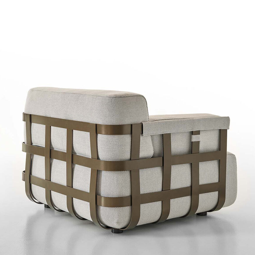 Luxury armchair with customizable chrome, brass, or gold mirror-finish stainless steel frame and upholstered seat - ideal for yachts or upscale interiors in the UAE.