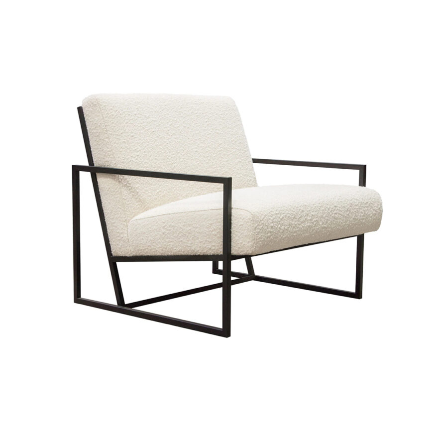 A modern armchair with a white cushioned seat and black metal frame, designed for sleek and minimalist interiors.