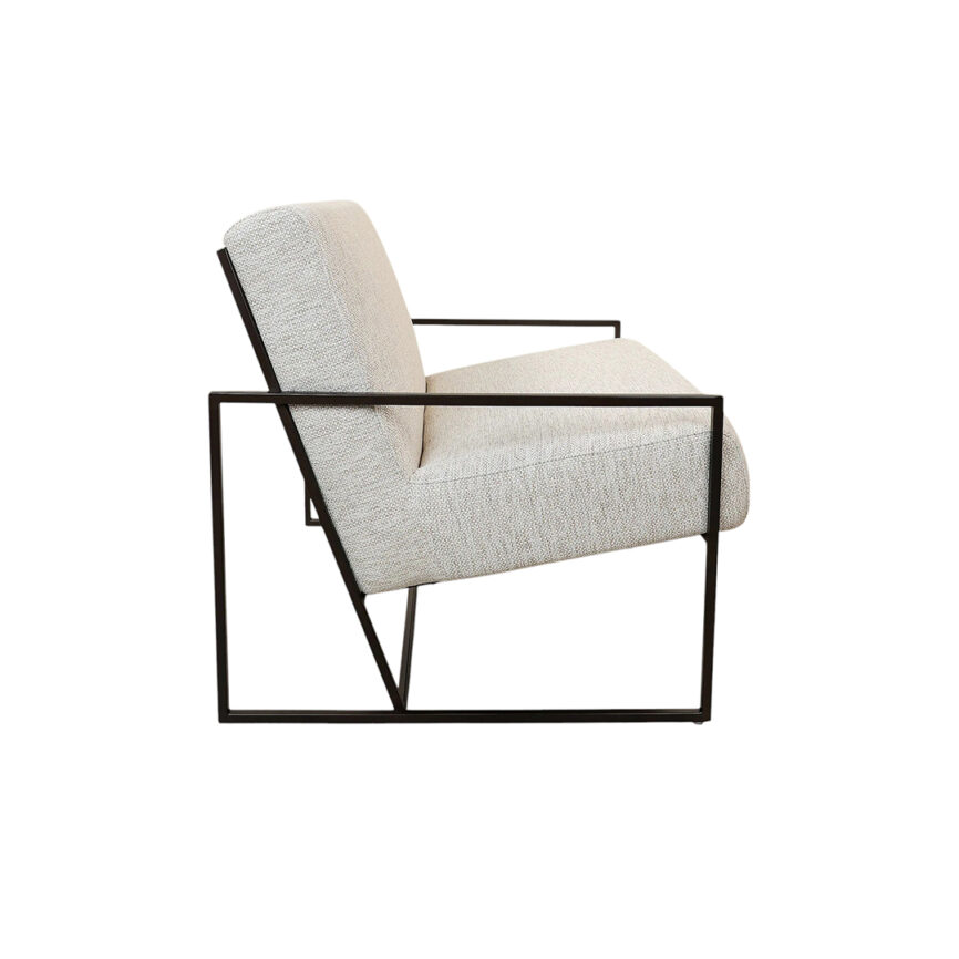 A modern armchair with a white cushioned seat and black metal frame, designed for sleek and minimalist interiors.