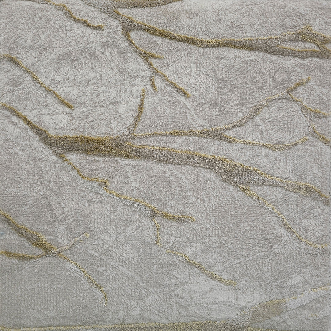 The Elegance Carpet in a close-up view, featuring a luxurious gray surface with gold vein-like patterns. Designed for wall-to-wall installations and customizable sizing.