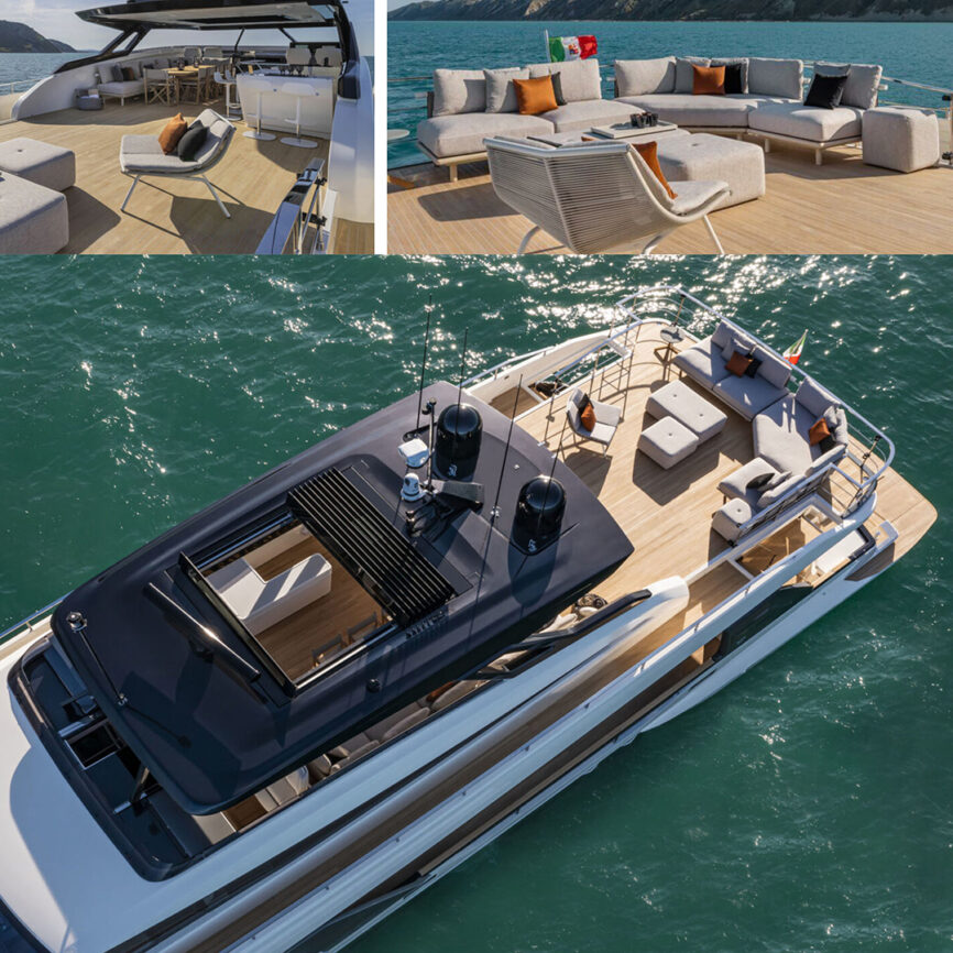Custom modular outdoor yacht sofa with stainless steel frame and marine fabric, designed for saltwater conditions and tailored onboard comfort.
