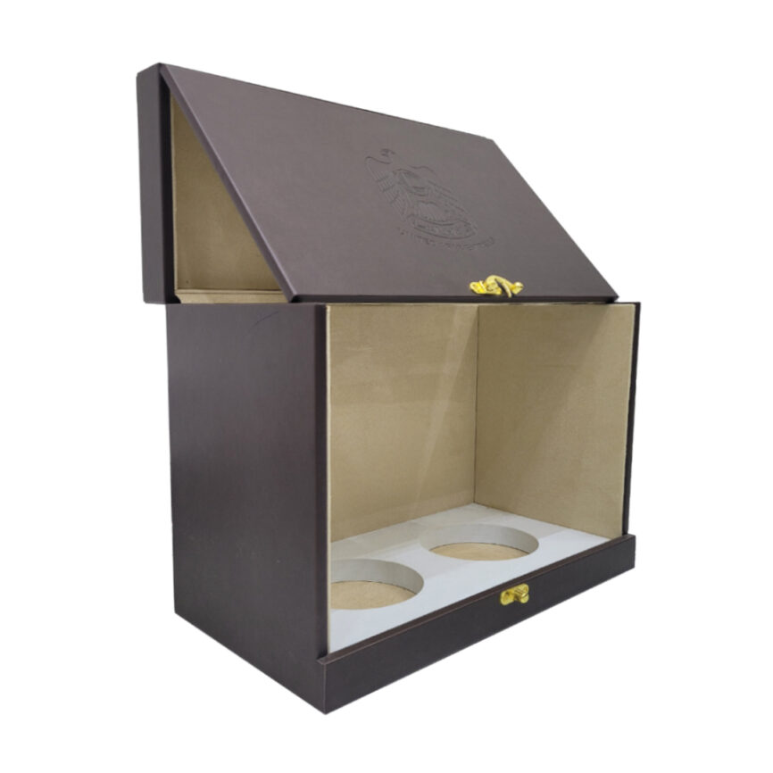 Elegant Honey Elegance Box with a premium dark brown exterior, gold clasp, and dual compartments designed for secure honey jar storage.