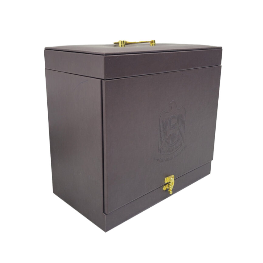 Elegant Honey Elegance Box with a premium dark brown exterior, gold clasp, and dual compartments designed for secure honey jar storage.