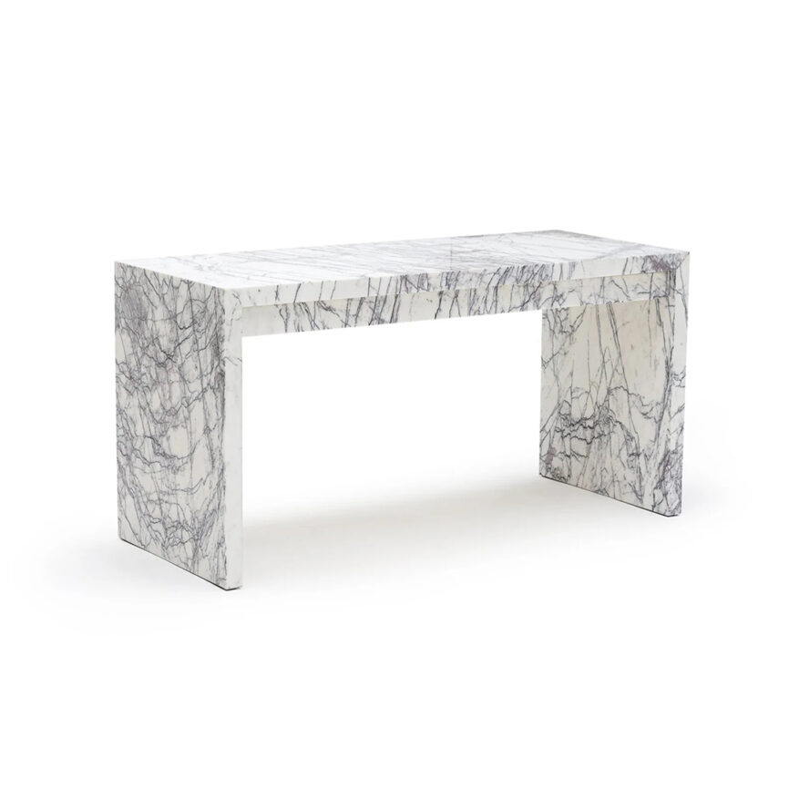 A modern, rectangular marble desk with drawers, featuring a customizable white and gray marble pattern. The desk is designed for elegance and functionality, set against a plain background with branding details.