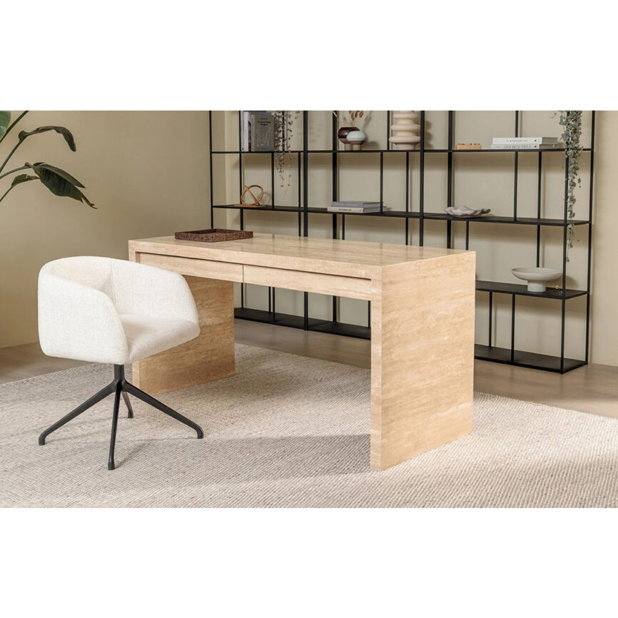 A modern, rectangular marble desk with drawers, featuring a customizable white and gray marble pattern. The desk is designed for elegance and functionality, set against a plain background with branding details.