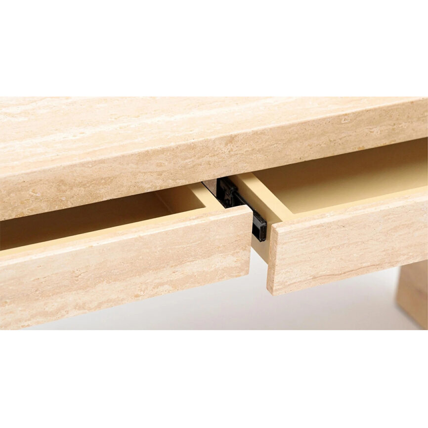 A modern, rectangular marble desk with drawers, featuring a customizable white and gray marble pattern. The desk is designed for elegance and functionality, set against a plain background with branding details.