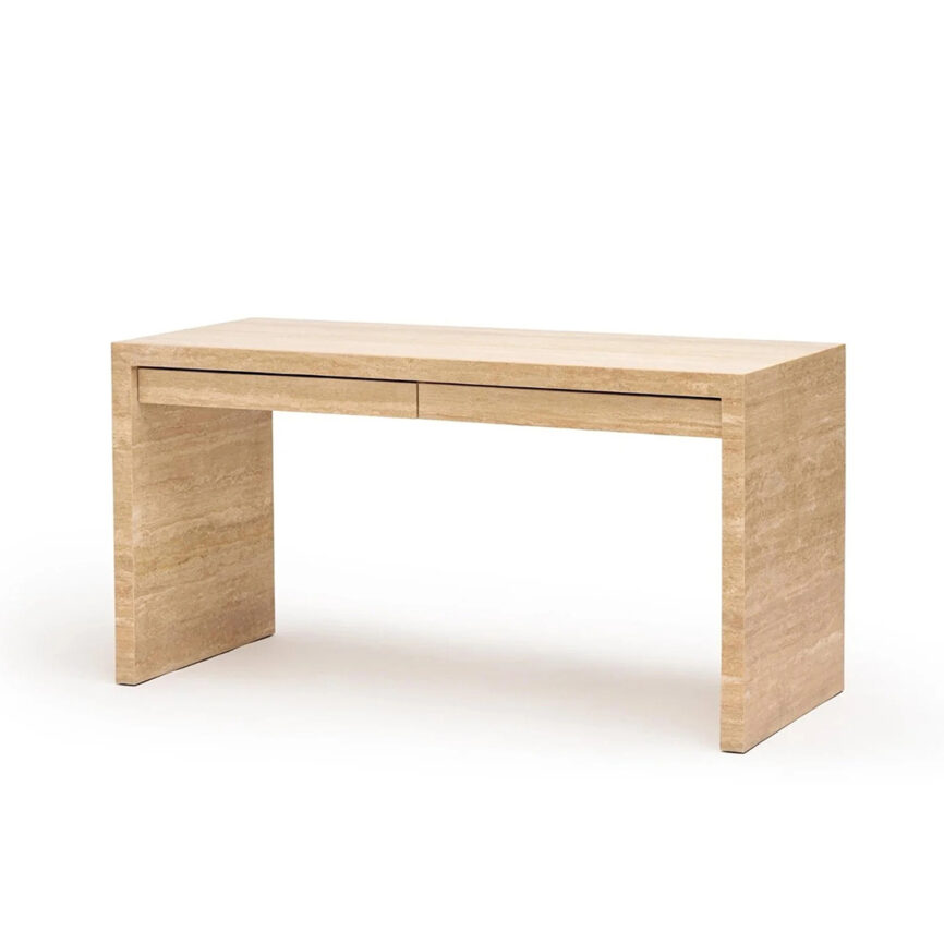 A modern, rectangular marble desk with drawers, featuring a customizable white and gray marble pattern. The desk is designed for elegance and functionality, set against a plain background with branding details.