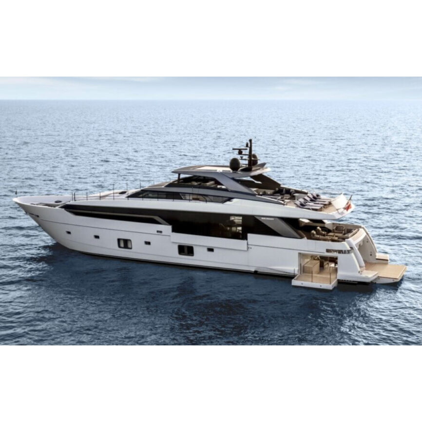 Marine-grade luxury outdoor sofa and armchair set installed on a yacht deck, featuring striped cushions and wooden frames