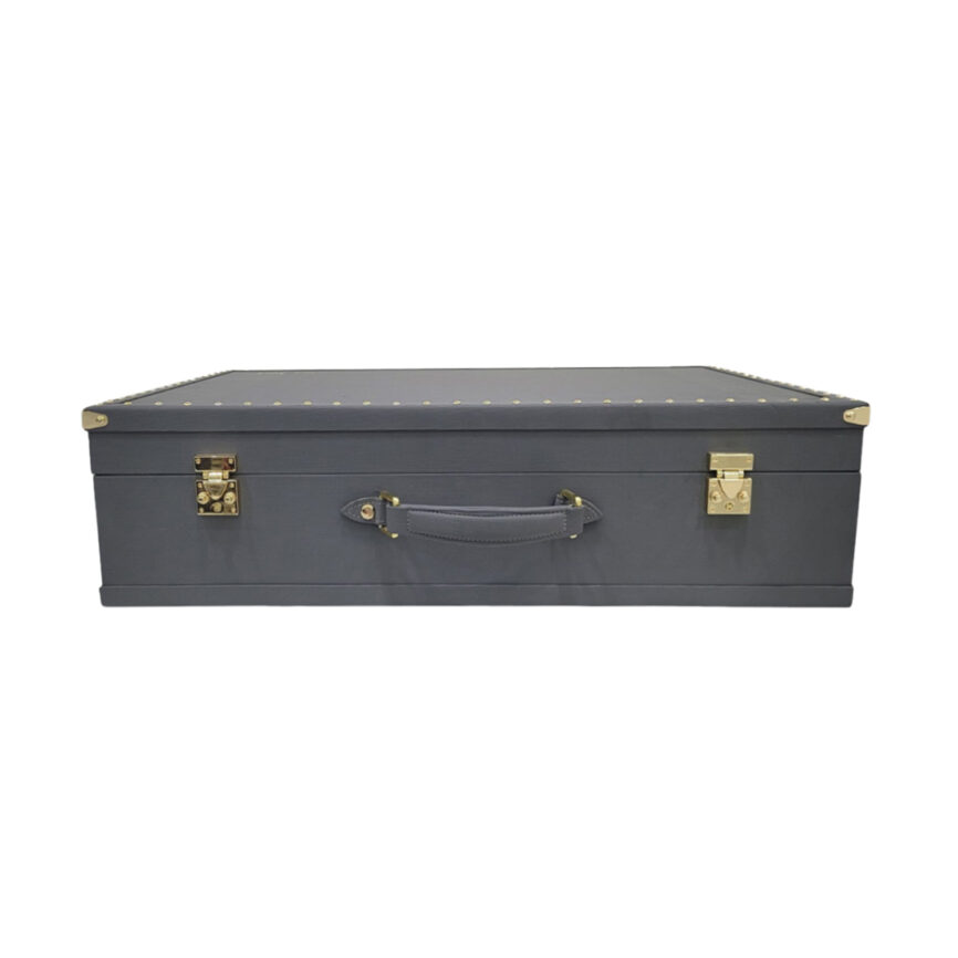 A luxurious gray perfume box with a beige interior and gold accents, designed for elegant fragrance storage.