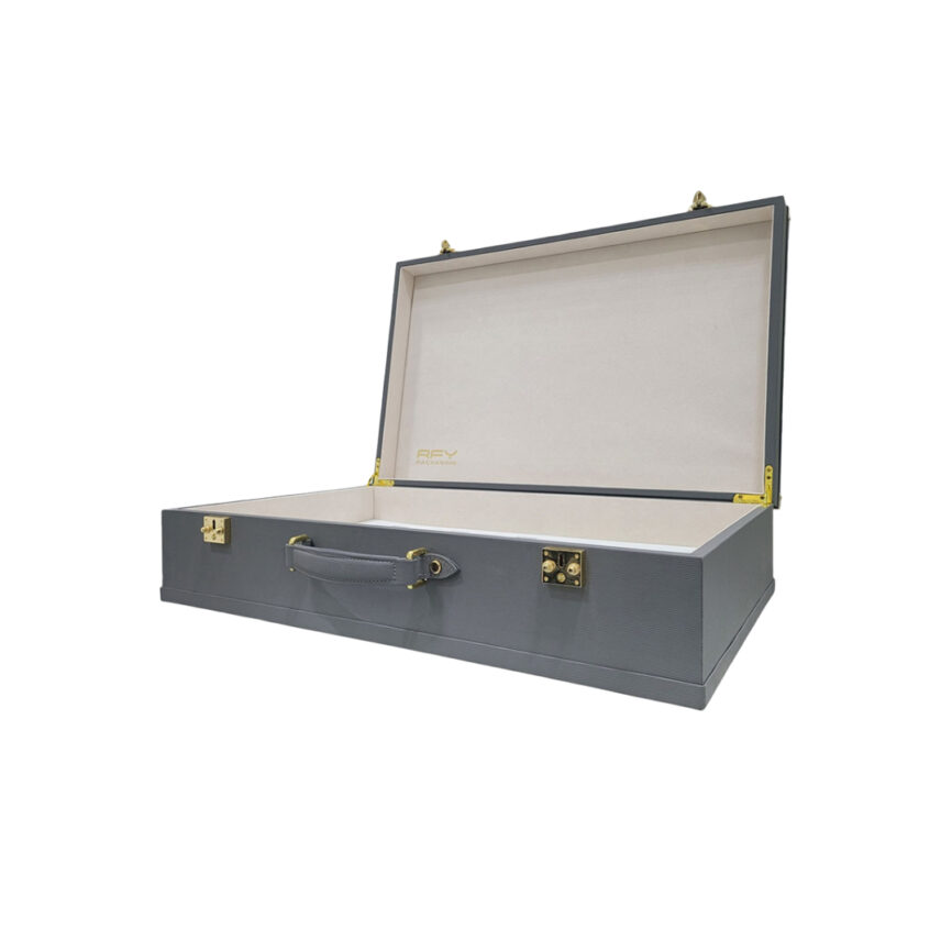 A luxurious gray perfume box with a beige interior and gold accents, designed for elegant fragrance storage.