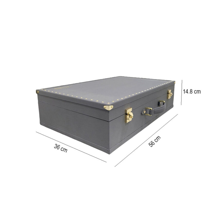 A luxurious gray perfume box with a beige interior and gold accents, designed for elegant fragrance storage.