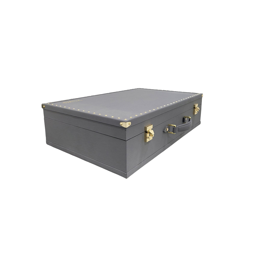 A luxurious gray perfume box with a beige interior and gold accents, designed for elegant fragrance storage.