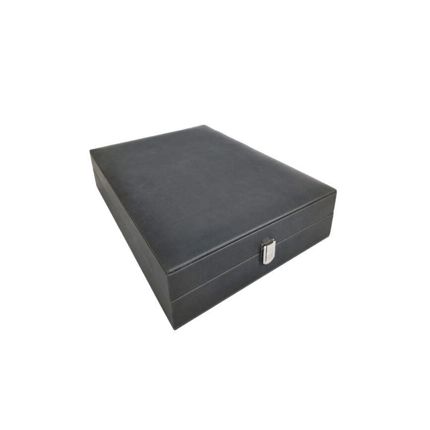 Open black box with gray velvet interior.