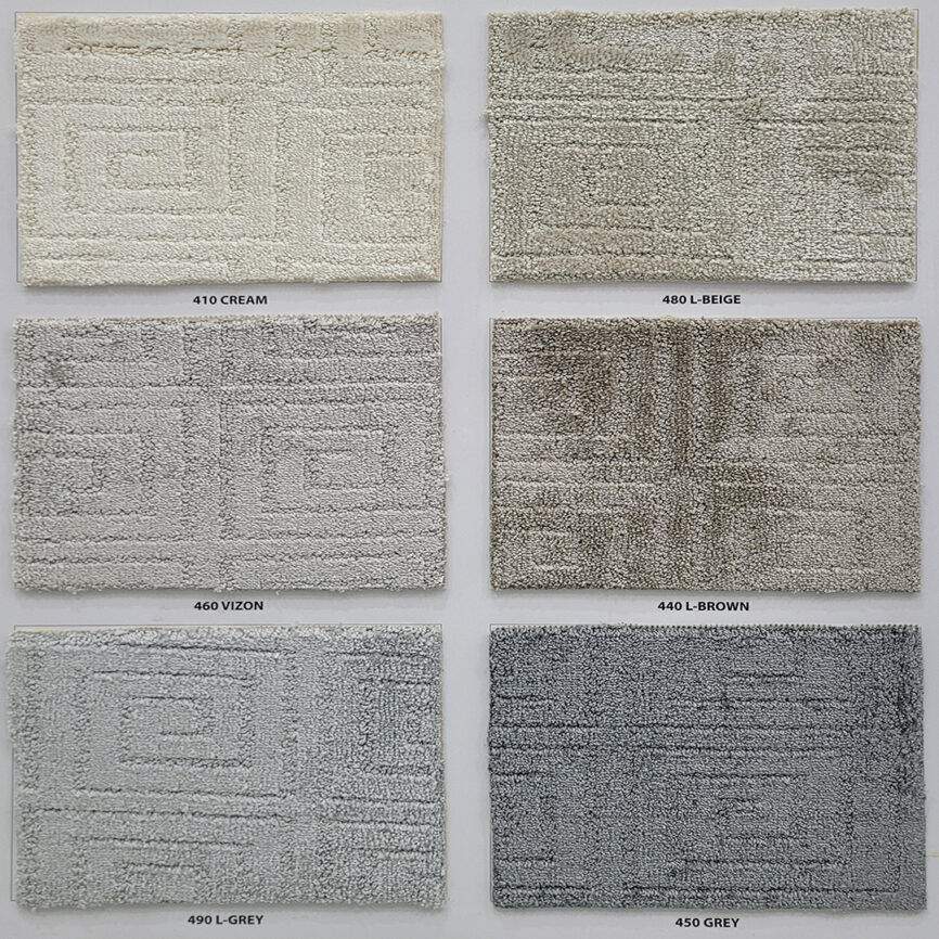A visual comparison of different carpet textures and patterns, showcasing six smaller samples on the left and a larger single design on the right in beige and gray tones.