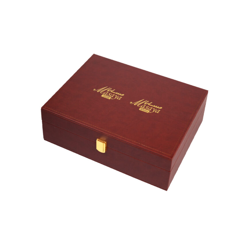 Premium leather perfume box named "Opulent Vault" with gold accents, customizable in size and upholstery.