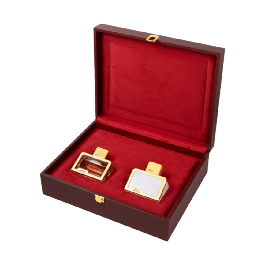 Premium leather perfume box named "Opulent Vault" with gold accents, customizable in size and upholstery.