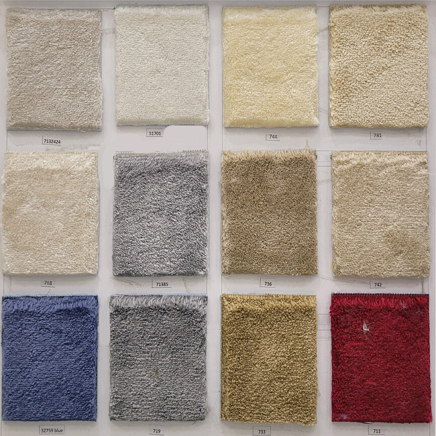 A collection of nine premium plain-colored carpet samples, showcasing versatile hues designed for modern interiors, available in wall-to-wall installation and custom sizing.