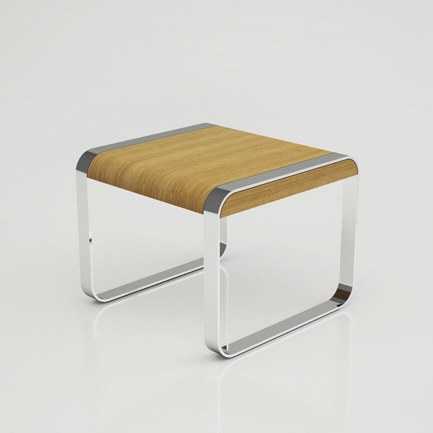 Custom marine yacht table with wooden top and chrome stainless steel legs, built for durability and nautical elegance