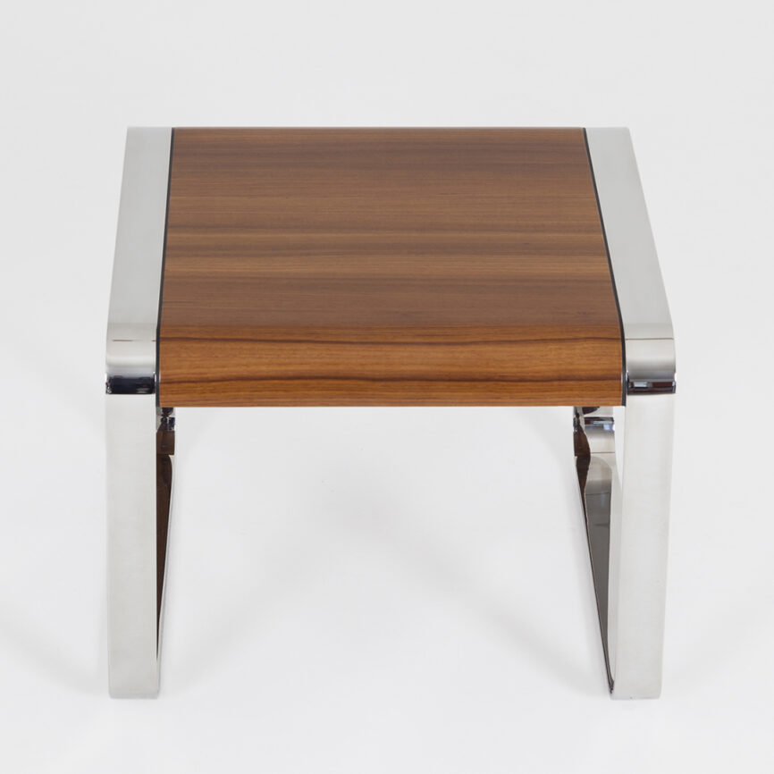 Custom marine yacht table with wooden top and chrome stainless steel legs, built for durability and nautical elegance