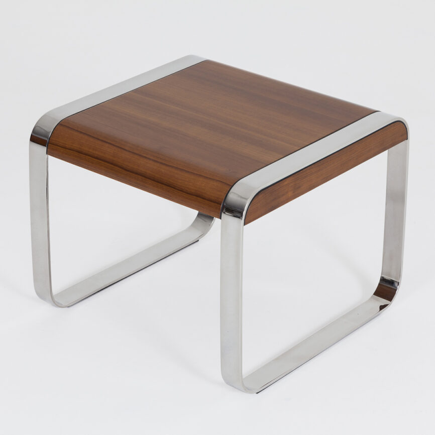 Custom marine yacht table with wooden top and chrome stainless steel legs, built for durability and nautical elegance