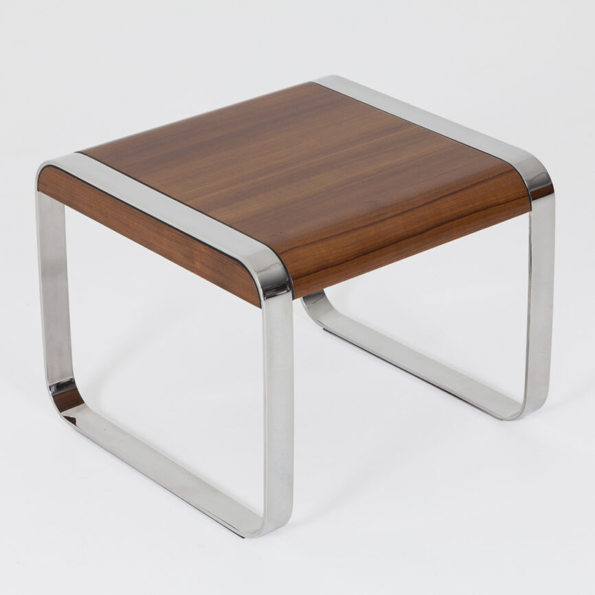 Custom marine yacht table with wooden top and chrome stainless steel legs, built for durability and nautical elegance