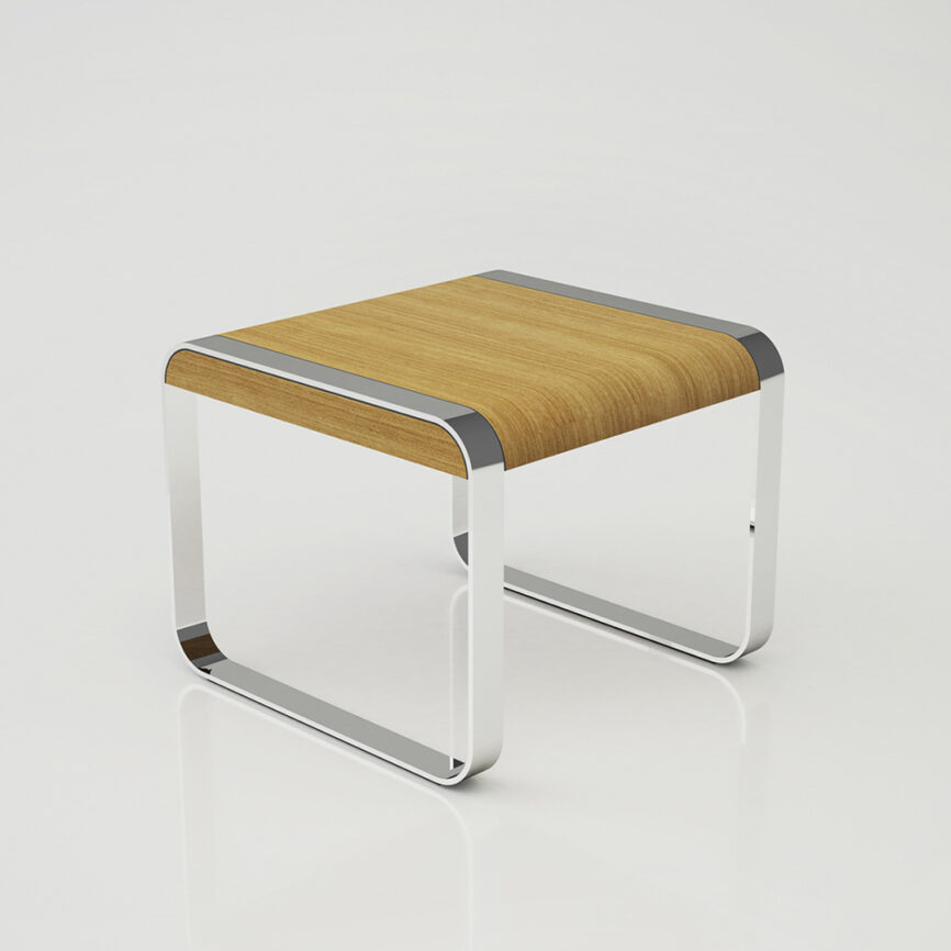 Custom marine yacht table with wooden top and chrome stainless steel legs, built for durability and nautical elegance