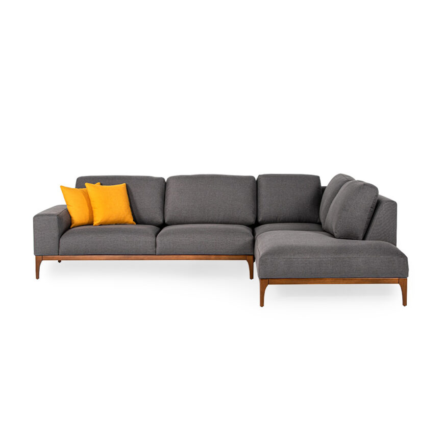 Zoomed-in shot of Ardena Sofa corner structure and tall wooden base