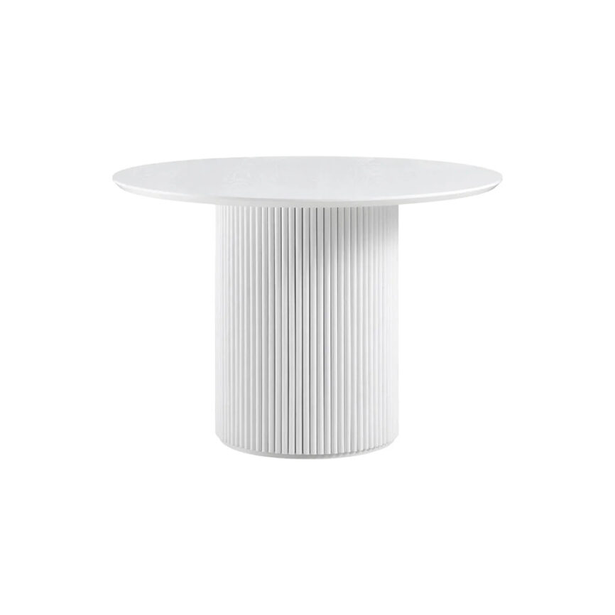 Baku Round White Wood Dining Table with fluted pedestal base, handcrafted in UAE.