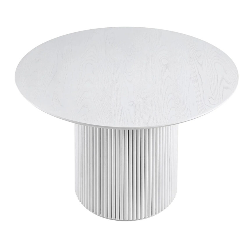 Baku Round White Wood Dining Table with fluted pedestal base, handcrafted in UAE.