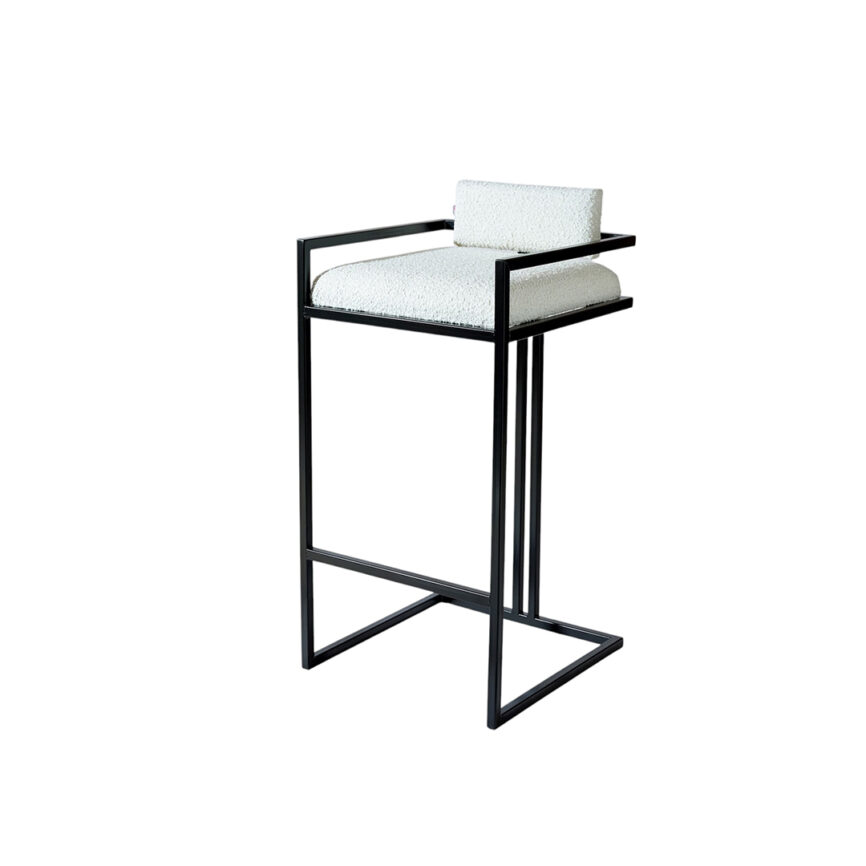 Modern boucle bar stool with black powder-coated metal frame, ergonomic design, and customizable fabric.