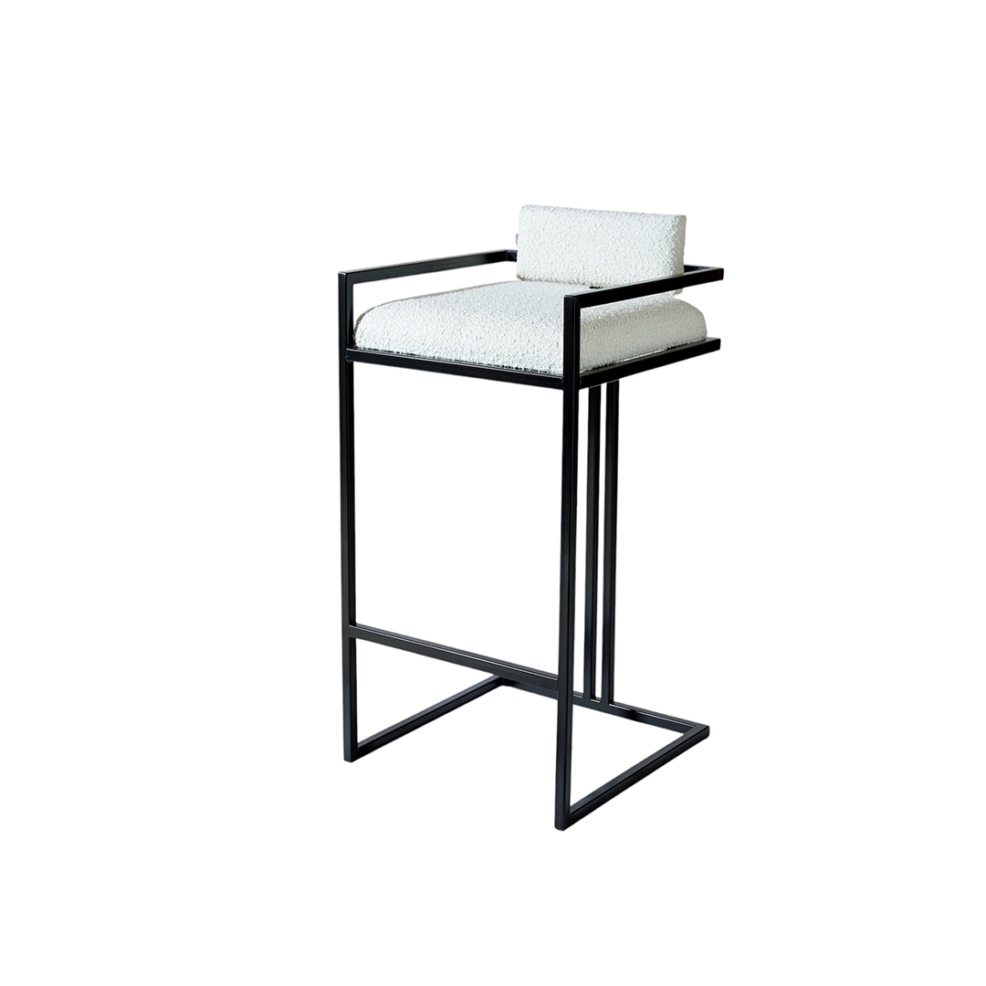 Modern boucle bar stool with black powder-coated metal frame, ergonomic design, and customizable fabric.