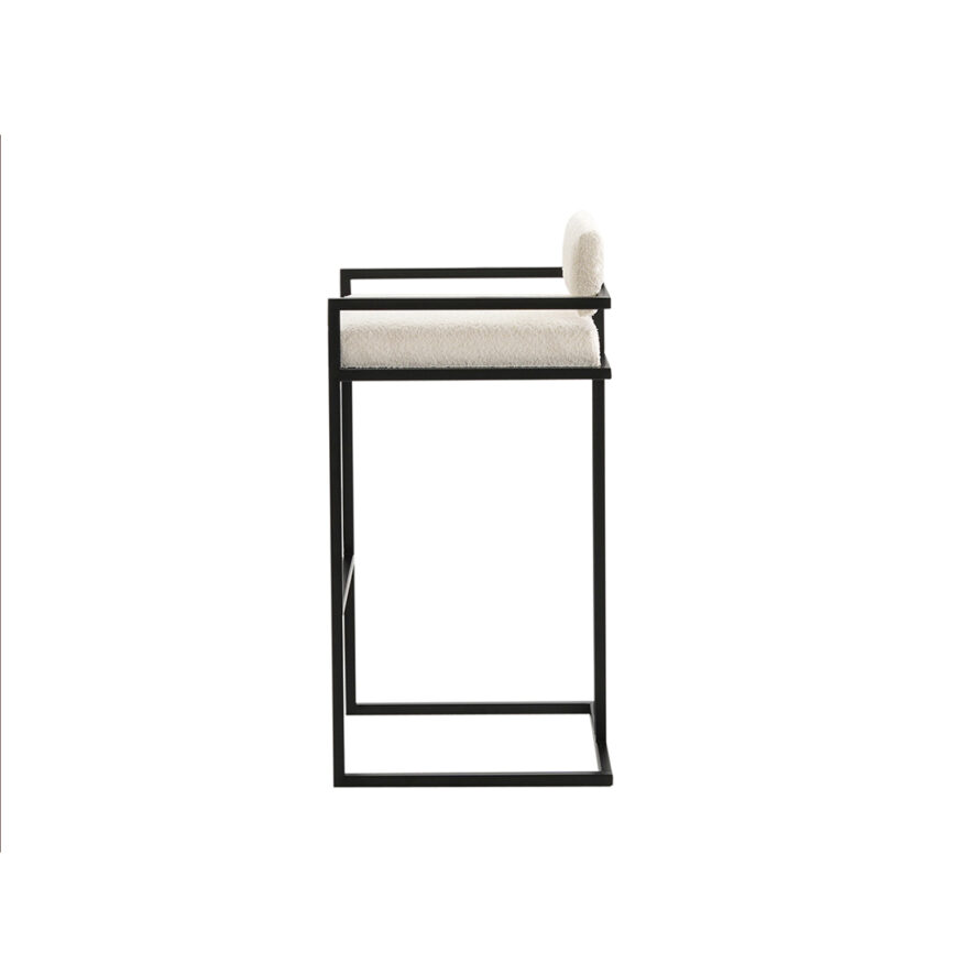 Modern boucle bar stool with black powder-coated metal frame, ergonomic design, and customizable fabric.