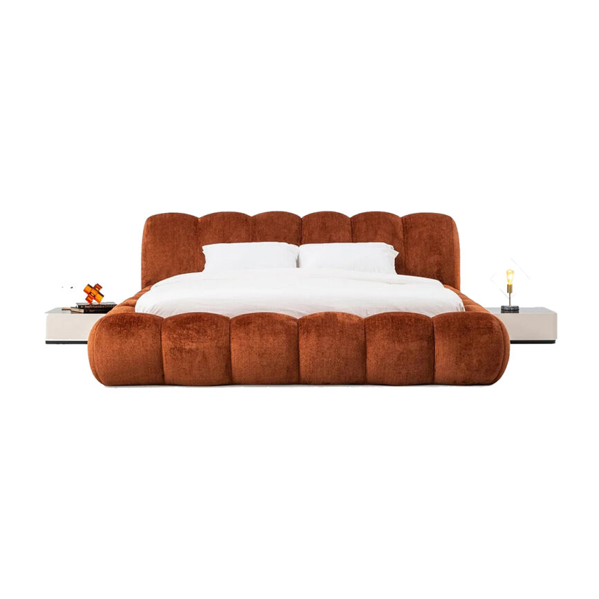 Elegant Burse Bedframe with plush fabric upholstery and a sturdy wooden base for customizable luxury.