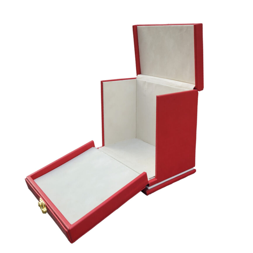 Elegance Custom Box – A premium red and white storage box with a unique pull-out drawer and gold accents, designed for luxurious organization and customization.