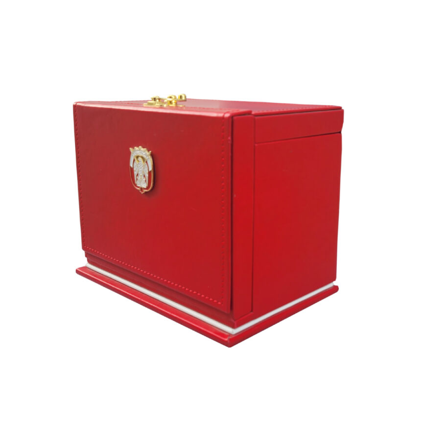Elegance Custom Box – A premium red and white storage box with a unique pull-out drawer and gold accents, designed for luxurious organization and customization.