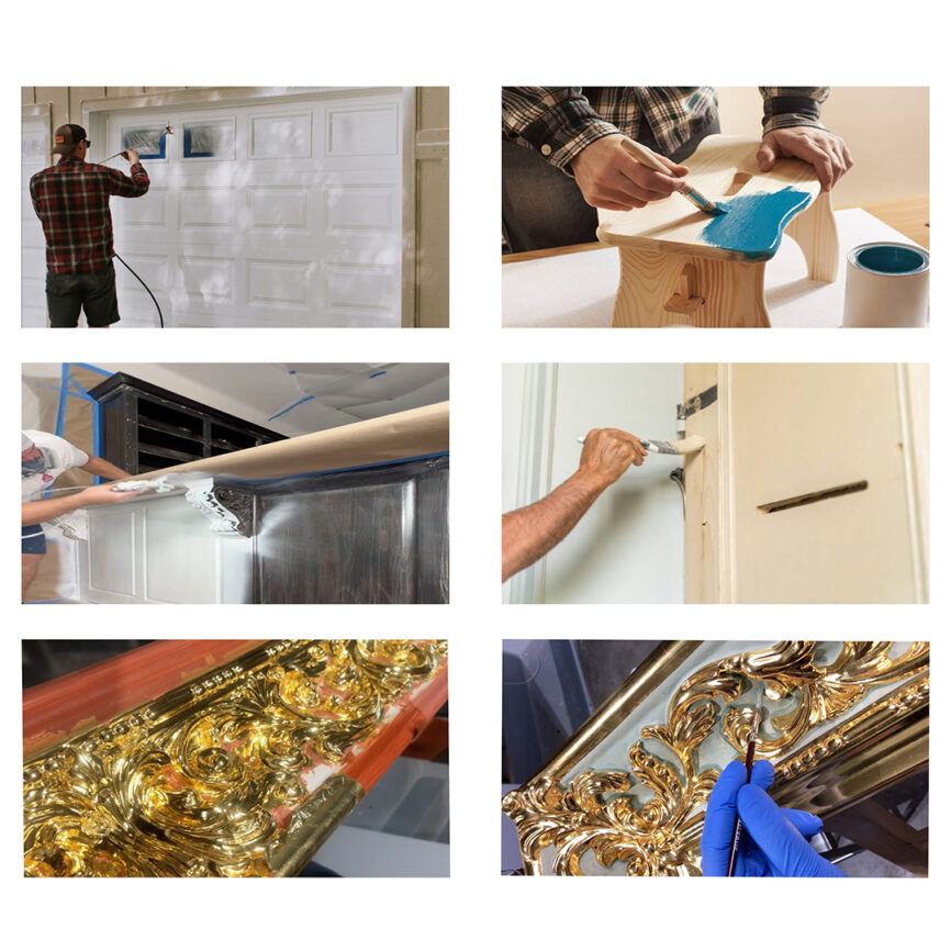 Custom furniture repainting in UAE - PU paint, gold or Silver paper-paint, wood polish, matte and glossy finishes on wooden chairs, tables, and cabinets.