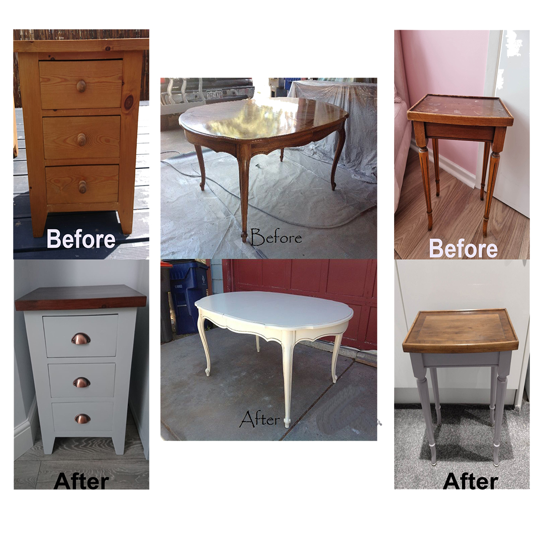 Custom furniture repainting in UAE - PU paint, gold or Silver paper-paint, wood polish, matte and glossy finishes on wooden chairs, tables, and cabinets.