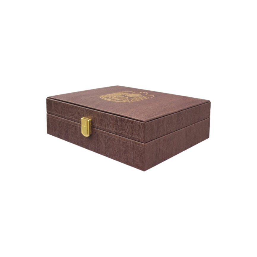 Imperial Symbol Case, A premium brown presentation box with gold hinges, featuring the United Arab Emirates emblem on the inner lid. Designed for luxury storage and customization.