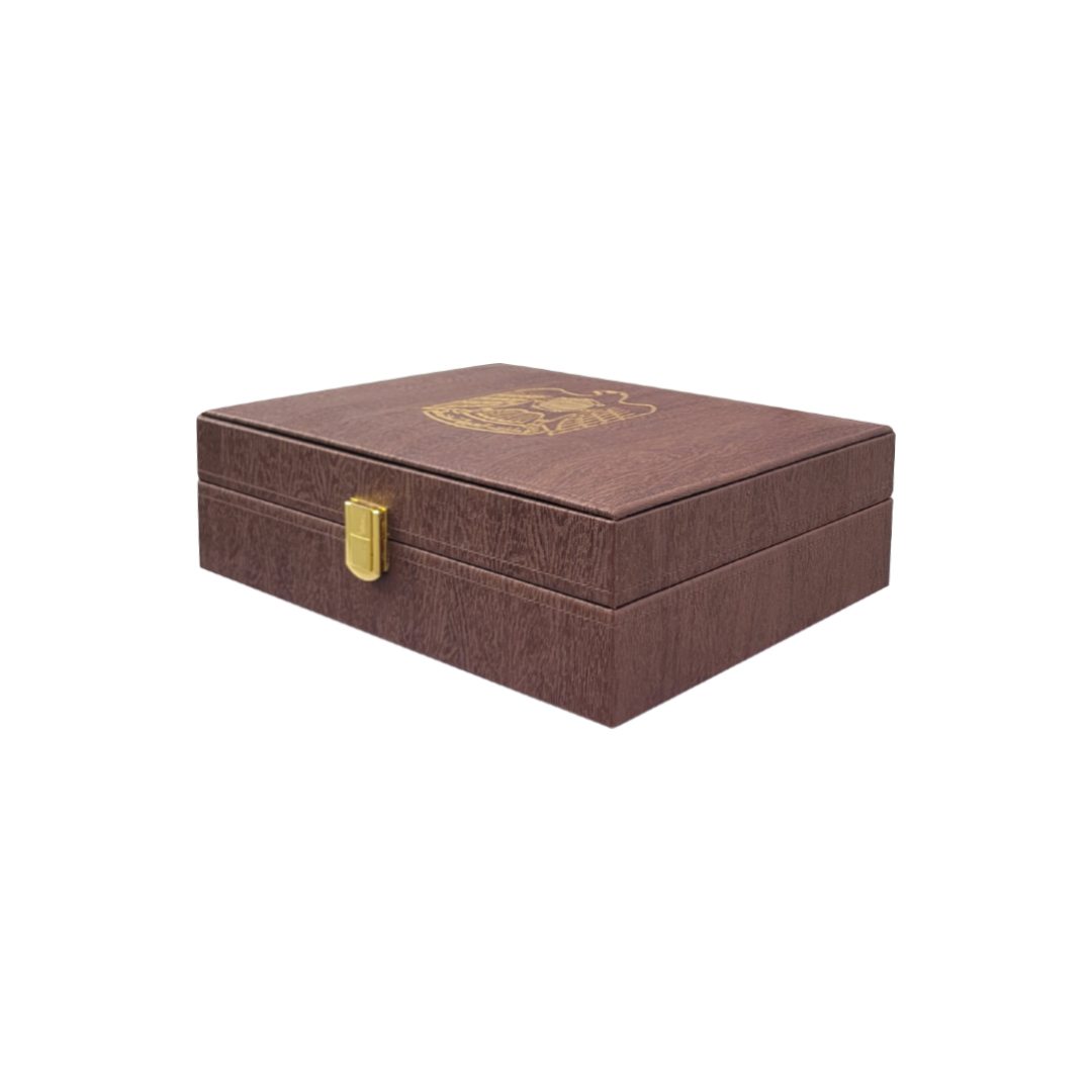 Imperial Symbol Case, A premium brown presentation box with gold hinges, featuring the United Arab Emirates emblem on the inner lid. Designed for luxury storage and customization.