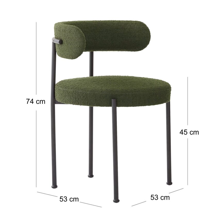 Inesse dining chair with ivory boucle upholstery and matte black steel frame, handcrafted by MZ FURNITURE in UAE.