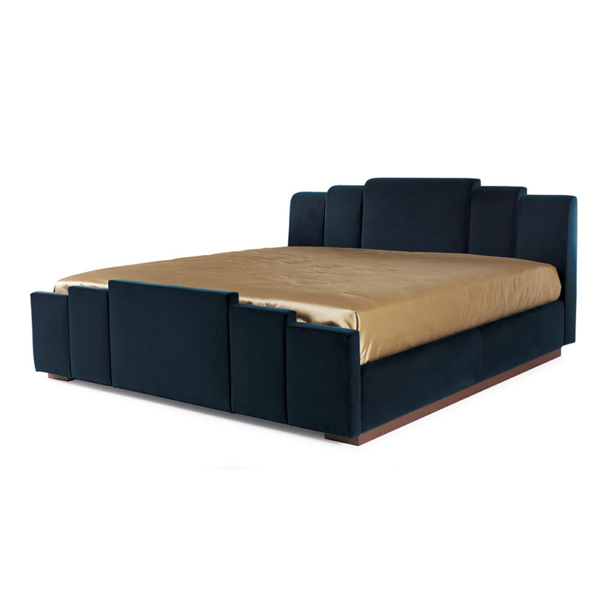 Elegant customizable bed with premium fabric and wood options for personalized luxury.