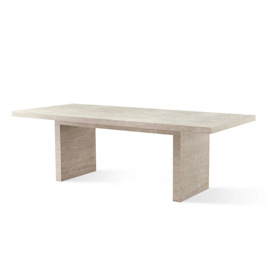 Rectangular travertine dining table with a natural stone top and sturdy base, seating up to 8 people.