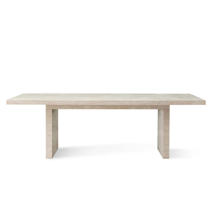 Rectangular travertine dining table with a natural stone top and sturdy base, seating up to 8 people.