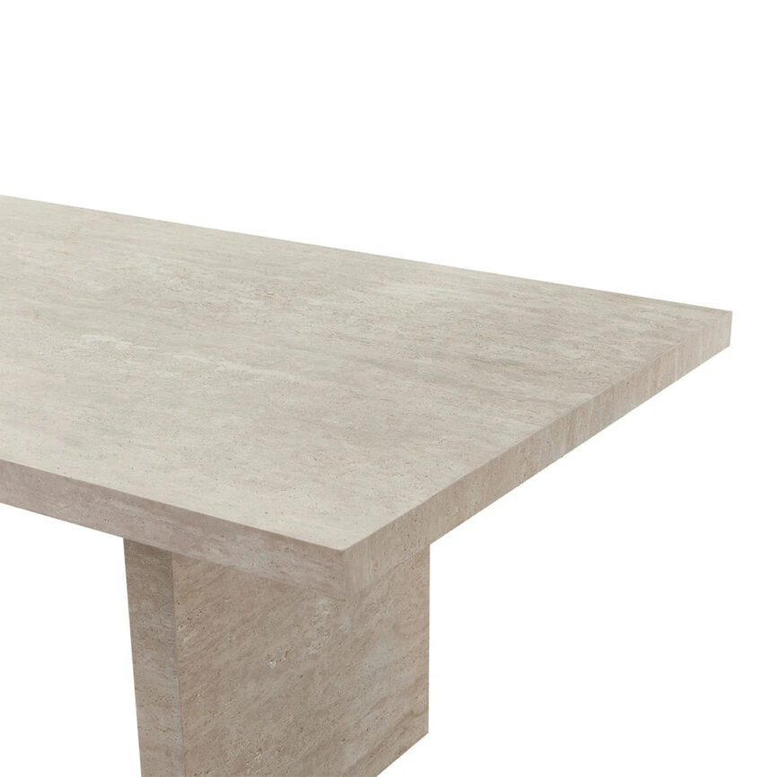 Rectangular travertine dining table with a natural stone top and sturdy base, seating up to 8 people.