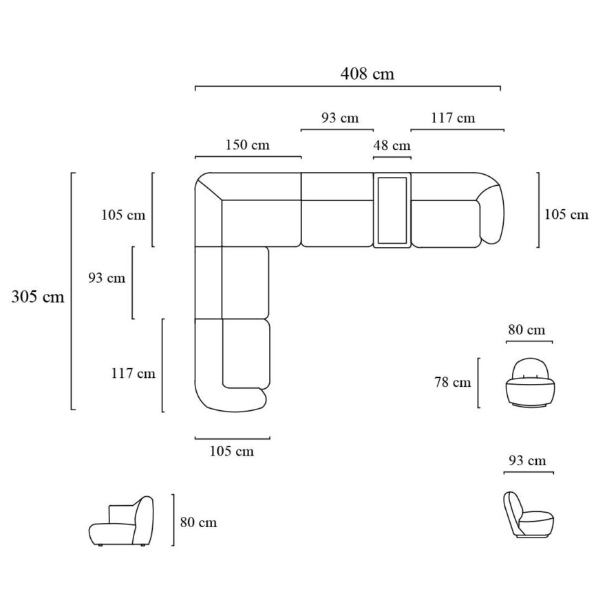 Detailed size specifications for Aero Nest L-shape sofa with free chair