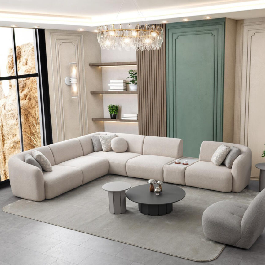 Side angle of Aero Nest sofa showcasing sleek profile and layered cushions