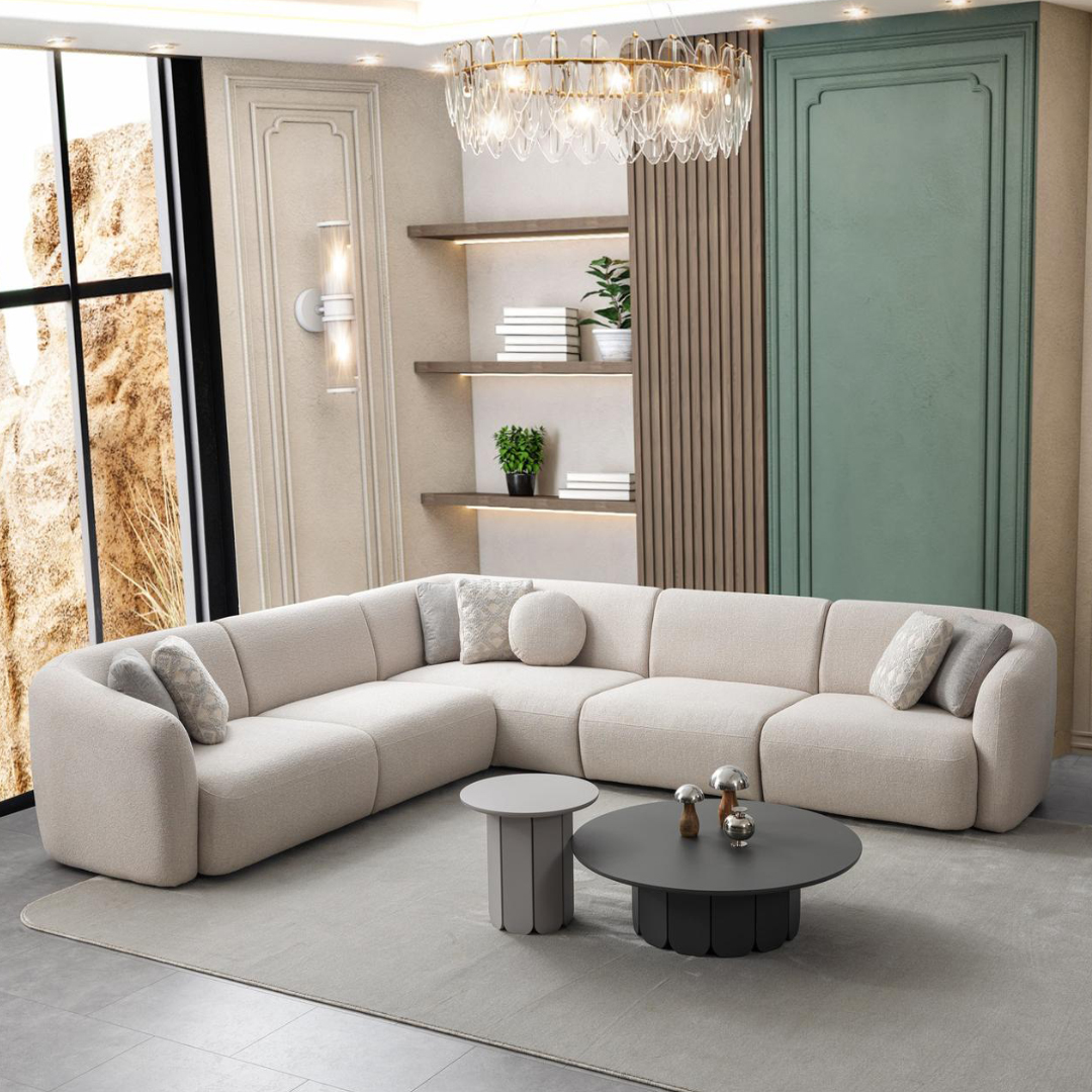 Elegant L-shape sofa in spacious majlis layout, neutral finish