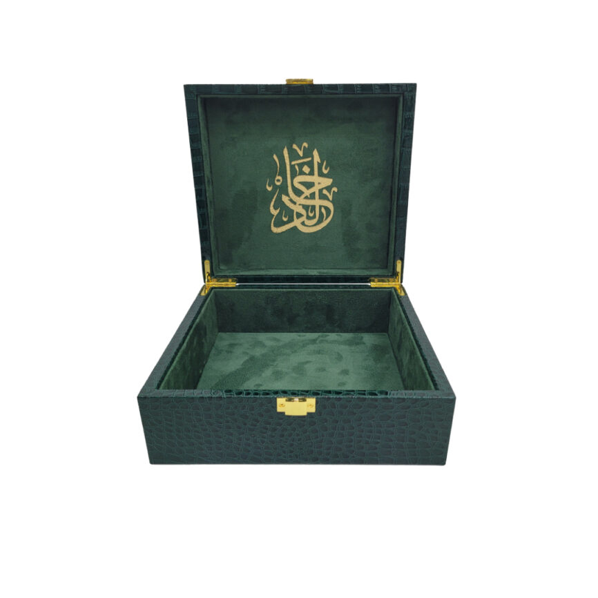 Angled view of Crocodessa box highlighting texture and velvet interior