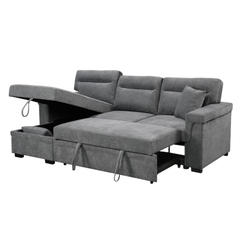 Sofabed in seated position with plush cushions