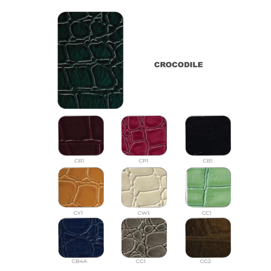 Crocodile PU leather material board with bright color options like red, cream, and emerald green